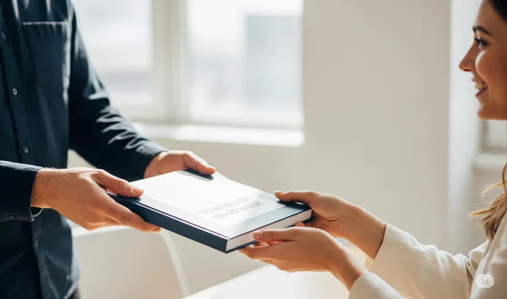 cliente recibiendo un manual de marca para evitar errores de branding